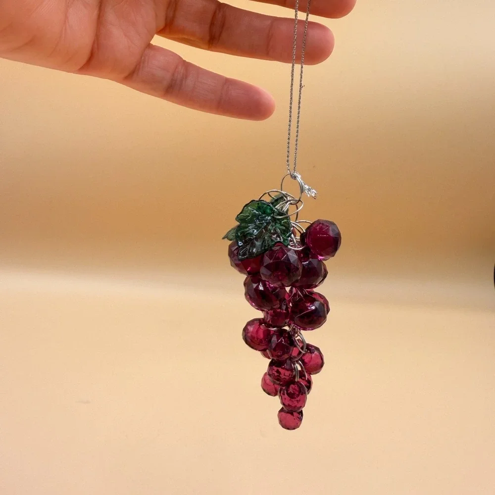 Grape Cluster Ornament Faceted Acrylic Beads Green Leaves Hanging Decor